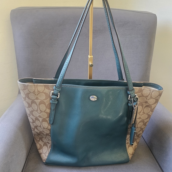 Coach Teal and Tan Signature Tote - Picture 1 of 9